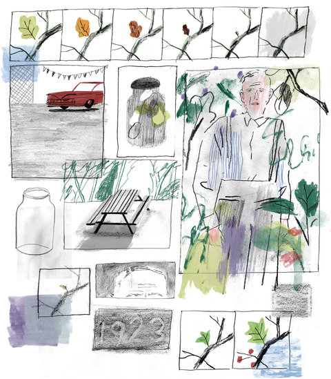  A watercolor painting showing images of leaves changing, an 1960s car with fins, and an old man in a garden. 