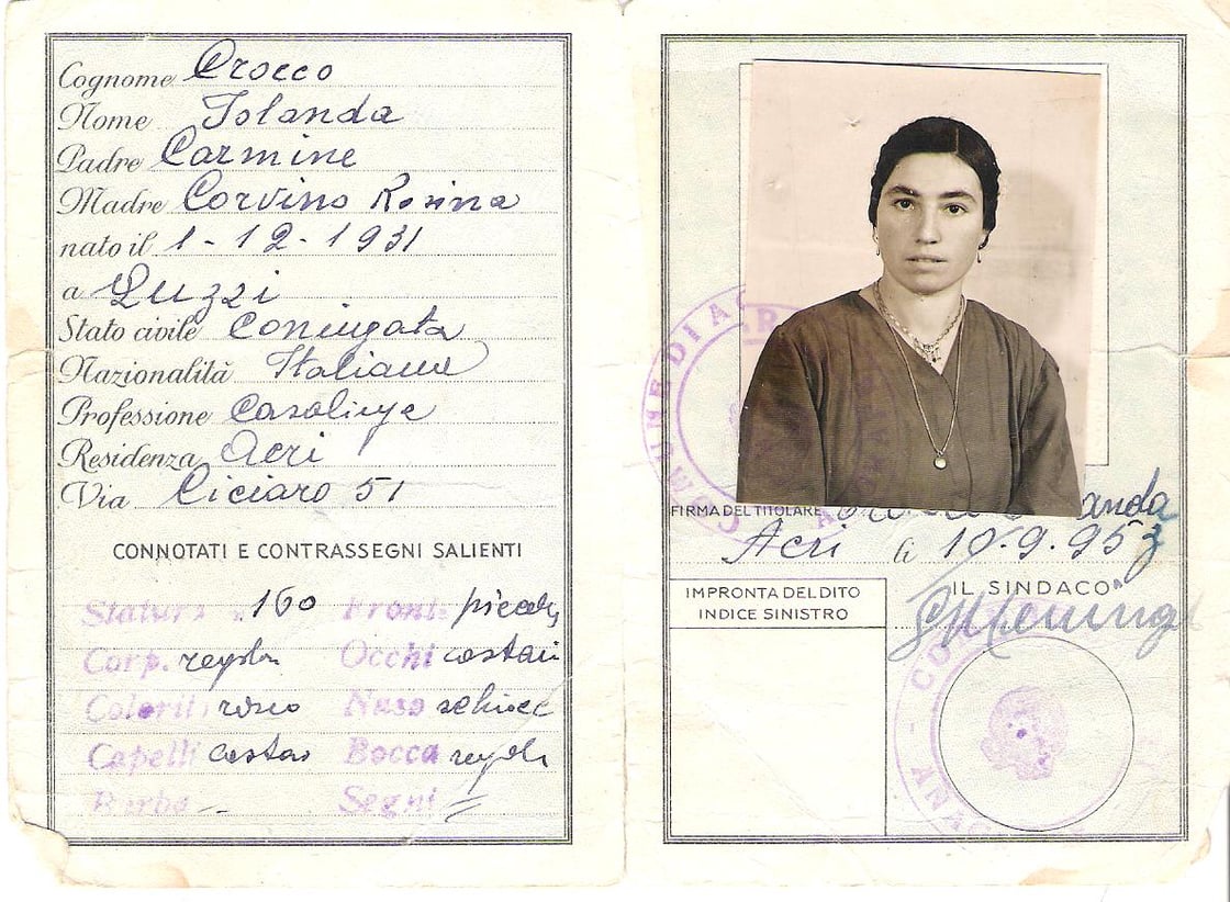 A yellowed page from an Italia passport with a photo of a dark-haired woman. 